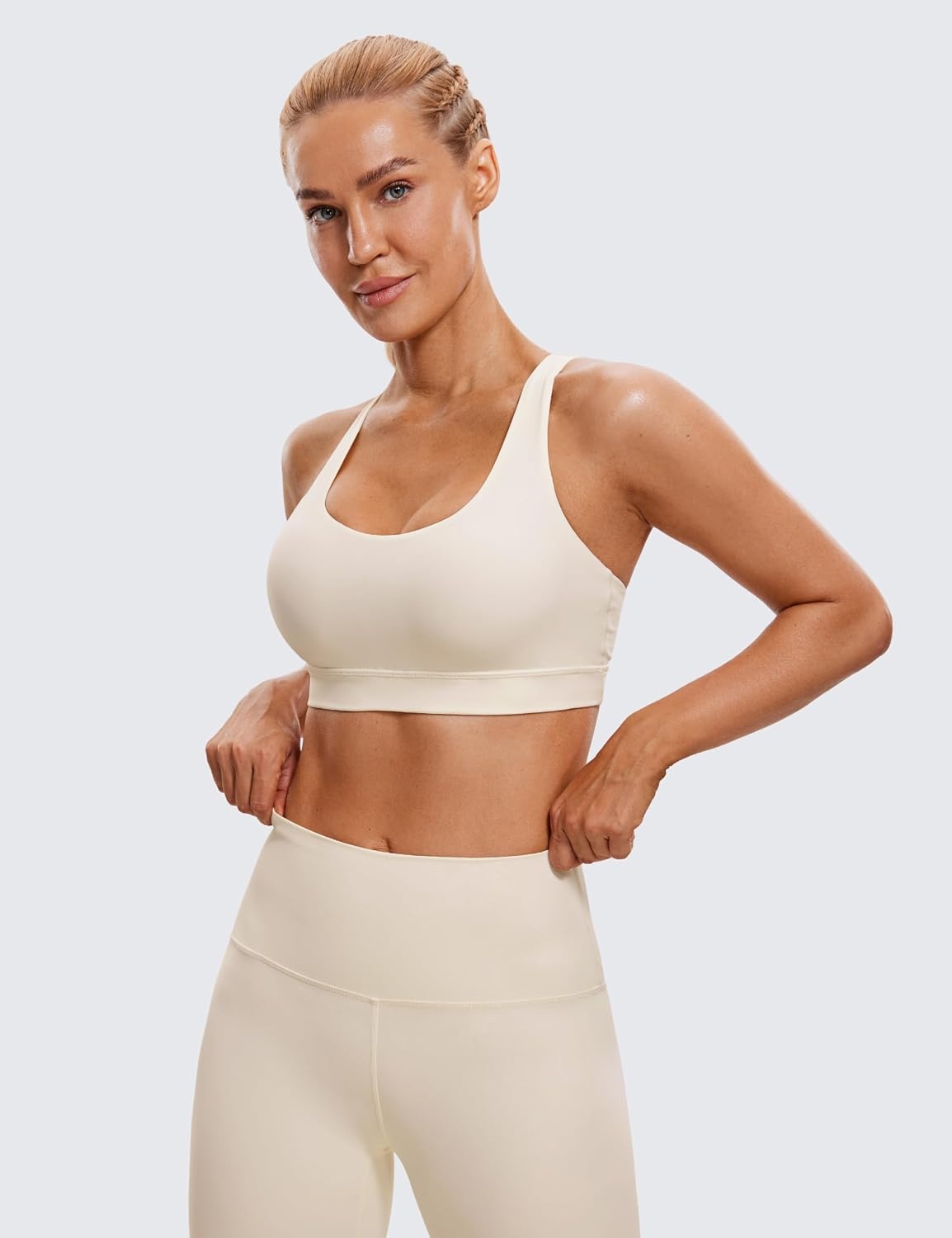 image:imageCRZ YOGA Naked Feeling Strappy Padded Sports Bras for Women Fitness Workout Top Criss Cross Back Yoga CamiWhite Apricot