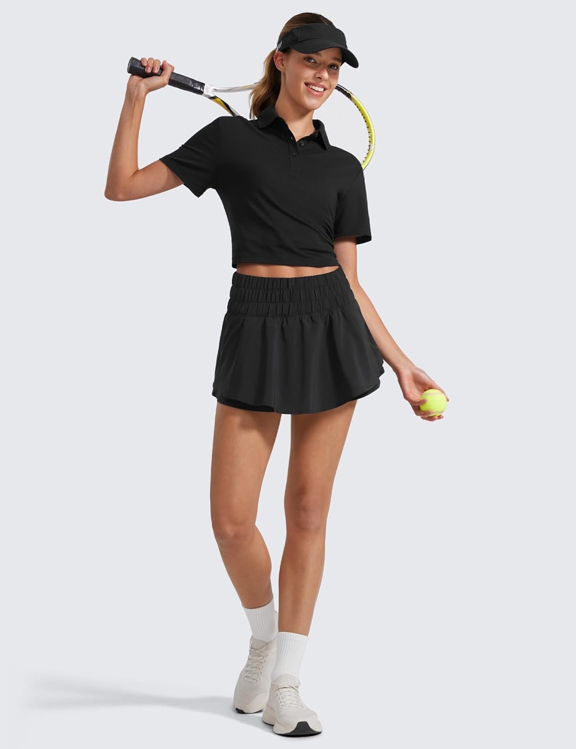 image:imageCRZ YOGA Ruffle Skirt Overlay Athletic Shorts for Women High Waisted Flowy for Workout Running Tennis with Zip PocketBlack