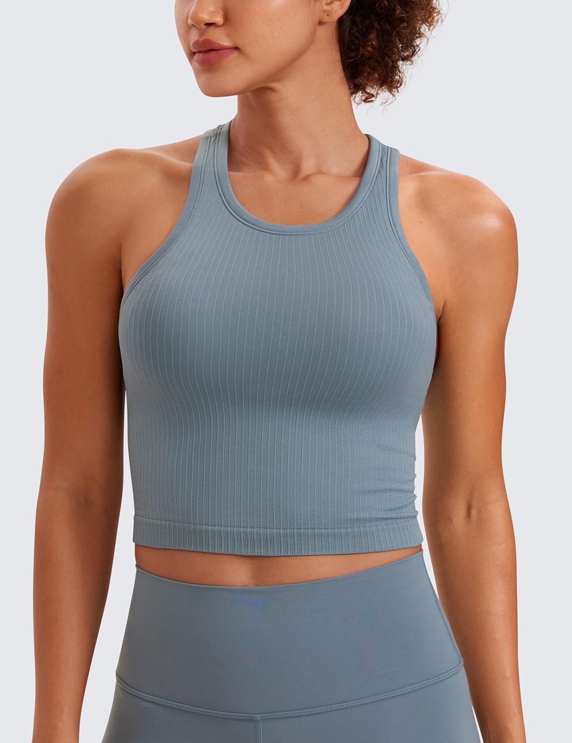 image:imageCRZ YOGA Seamless Ribbed High Neck Crop Tank Tops for Women Longline Racerback Padded Sports BrasBelgian Blue