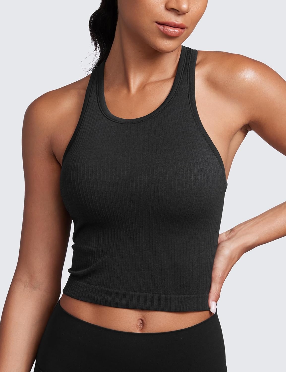 image:imageCRZ YOGA Seamless Ribbed High Neck Crop Tank Tops for Women Longline Racerback Padded Sports BrasBlack