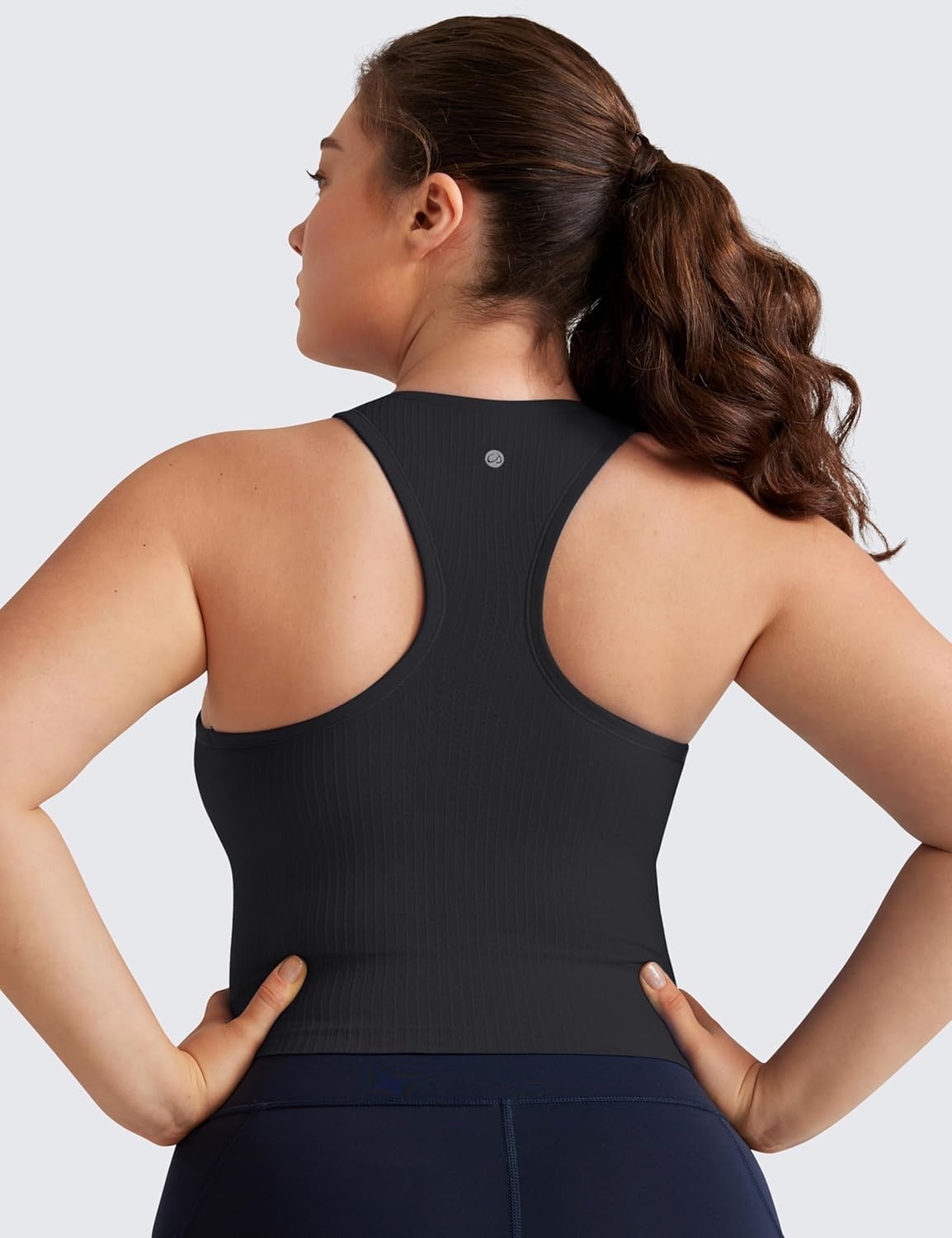 image:imageCRZ YOGA Seamless Ribbed High Neck Crop Tank Tops for Women Longline Racerback Padded Sports BrasBlack