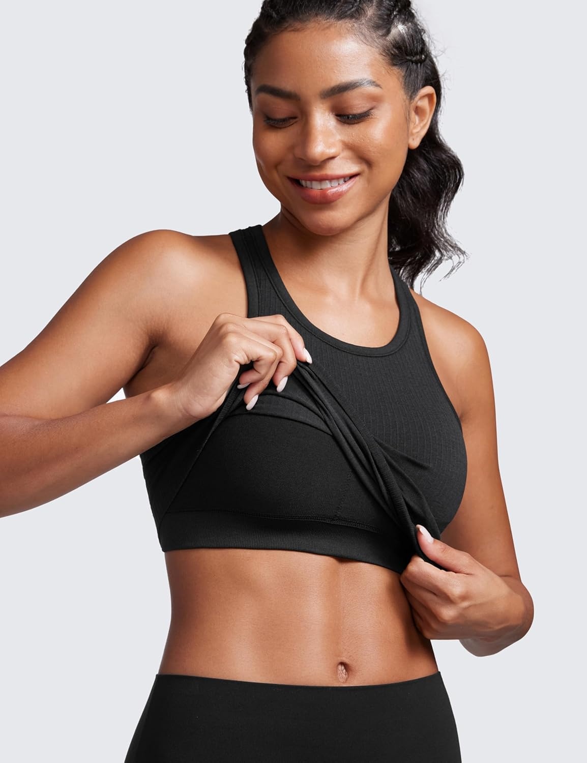 image:imageCRZ YOGA Seamless Ribbed High Neck Crop Tank Tops for Women Longline Racerback Padded Sports BrasBlack