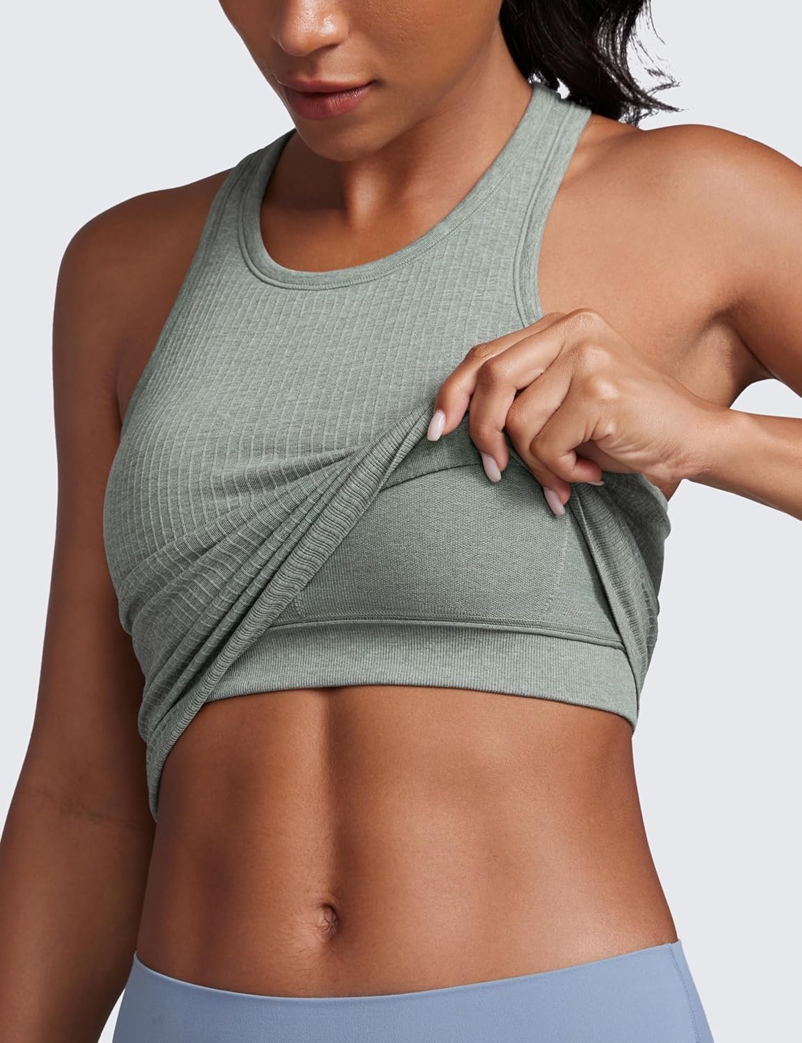 image:imageCRZ YOGA Seamless Ribbed High Neck Crop Tank Tops for Women Longline Racerback Padded Sports BrasDark Green Heather