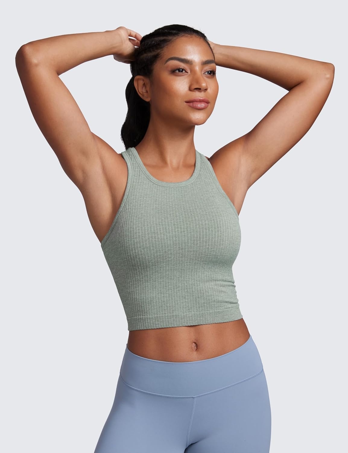 image:imageCRZ YOGA Seamless Ribbed High Neck Crop Tank Tops for Women Longline Racerback Padded Sports BrasDark Green Heather