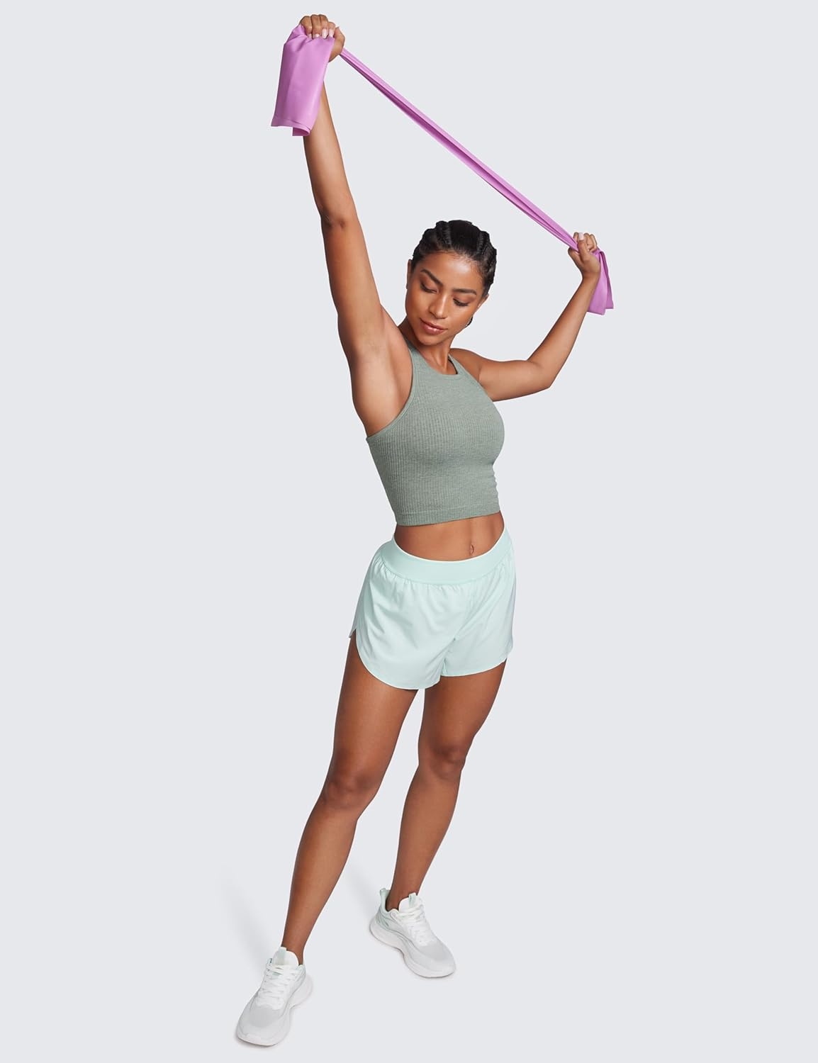 image:imageCRZ YOGA Seamless Ribbed High Neck Crop Tank Tops for Women Longline Racerback Padded Sports BrasDark Green Heather