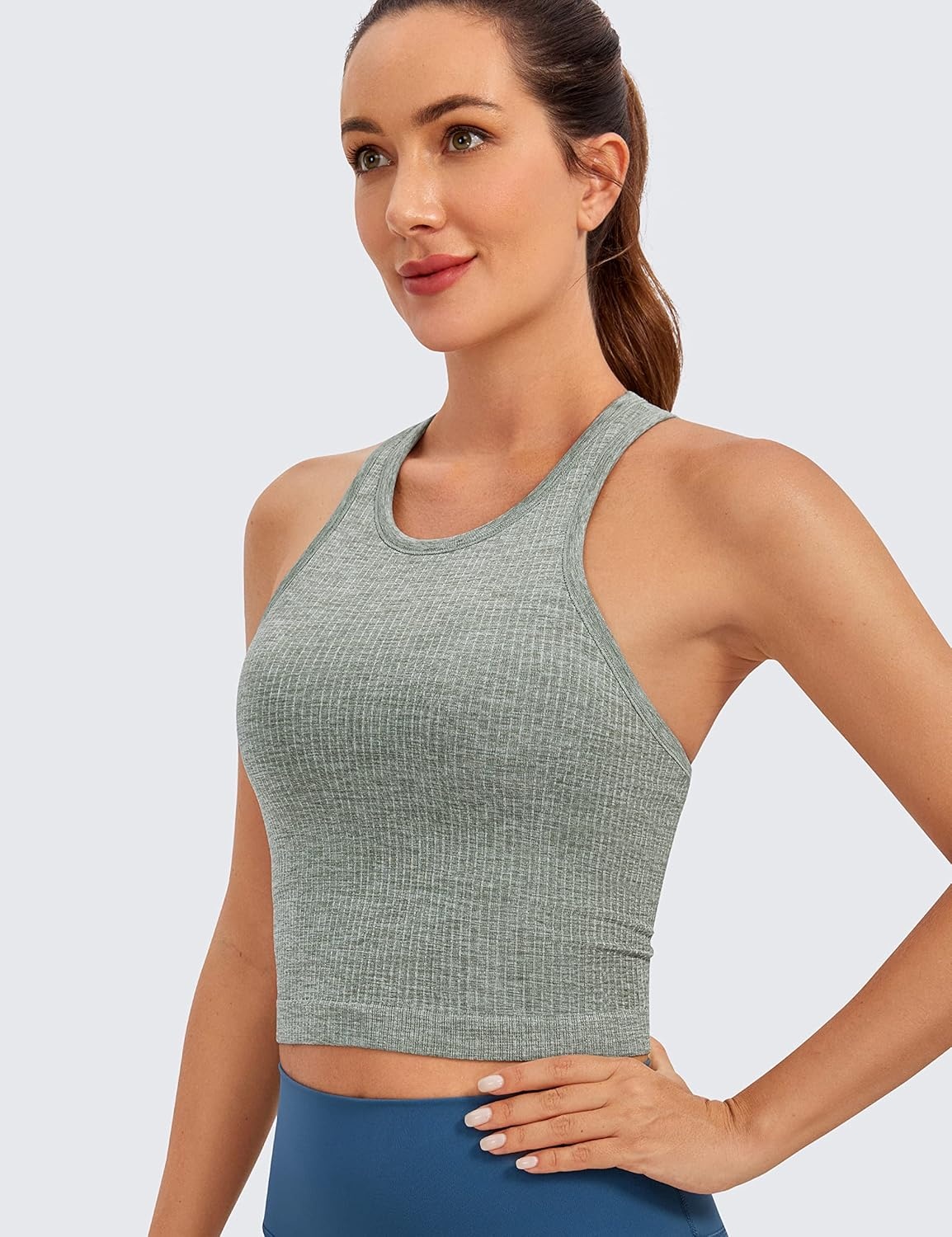 image:imageCRZ YOGA Seamless Ribbed High Neck Crop Tank Tops for Women Longline Racerback Padded Sports BrasDark Green Heather