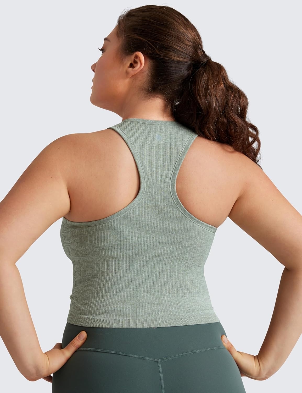 image:imageCRZ YOGA Seamless Ribbed High Neck Crop Tank Tops for Women Longline Racerback Padded Sports BrasDark Green Heather