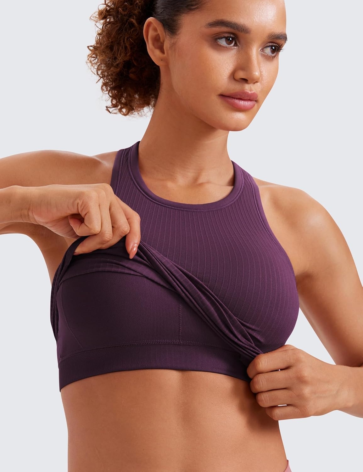 image:imageCRZ YOGA Seamless Ribbed High Neck Crop Tank Tops for Women Longline Racerback Padded Sports BrasDeep Purple