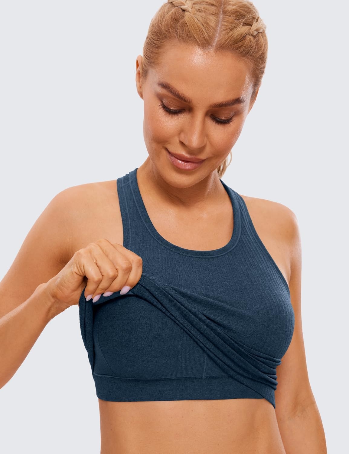 image:imageCRZ YOGA Seamless Ribbed High Neck Crop Tank Tops for Women Longline Racerback Padded Sports BrasFrench Navy