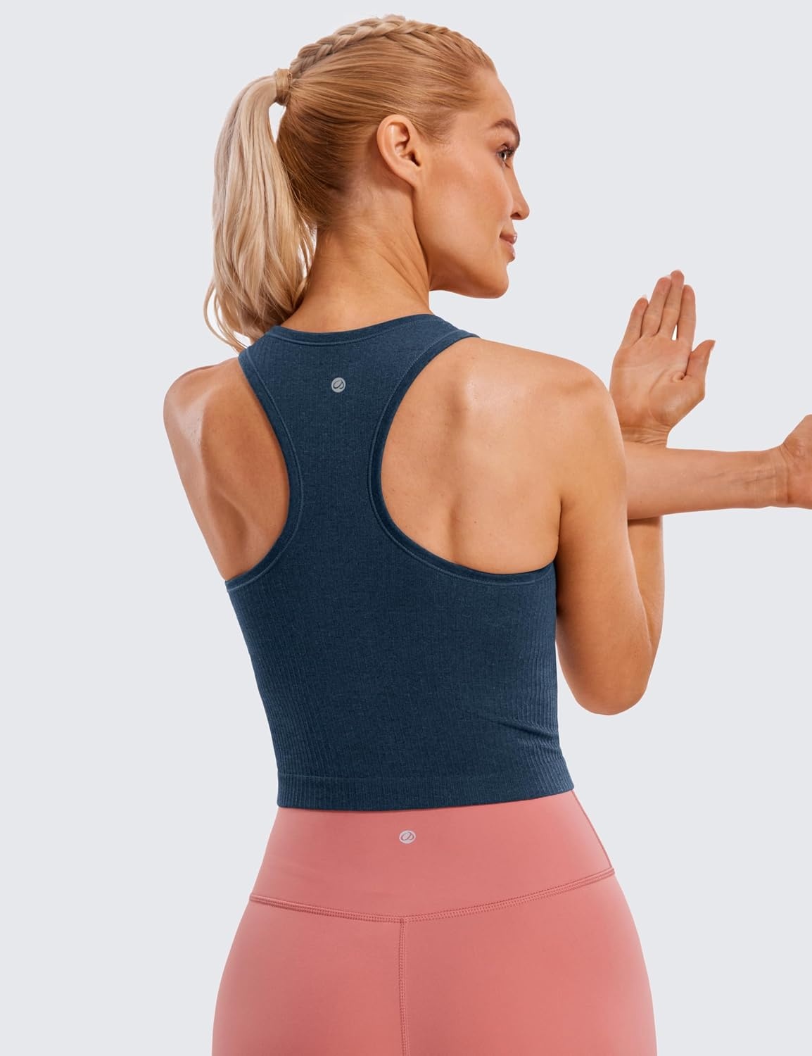 image:imageCRZ YOGA Seamless Ribbed High Neck Crop Tank Tops for Women Longline Racerback Padded Sports BrasFrench Navy