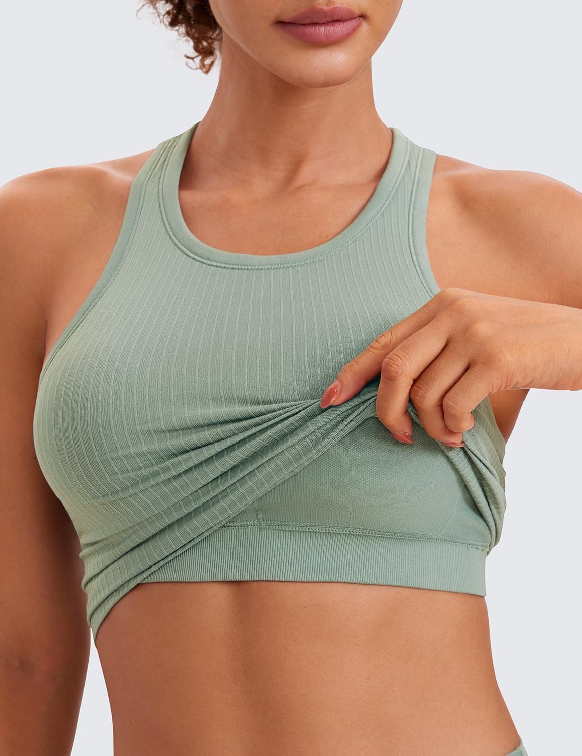 image:imageCRZ YOGA Seamless Ribbed High Neck Crop Tank Tops for Women Longline Racerback Padded Sports BrasGreen Palm Court