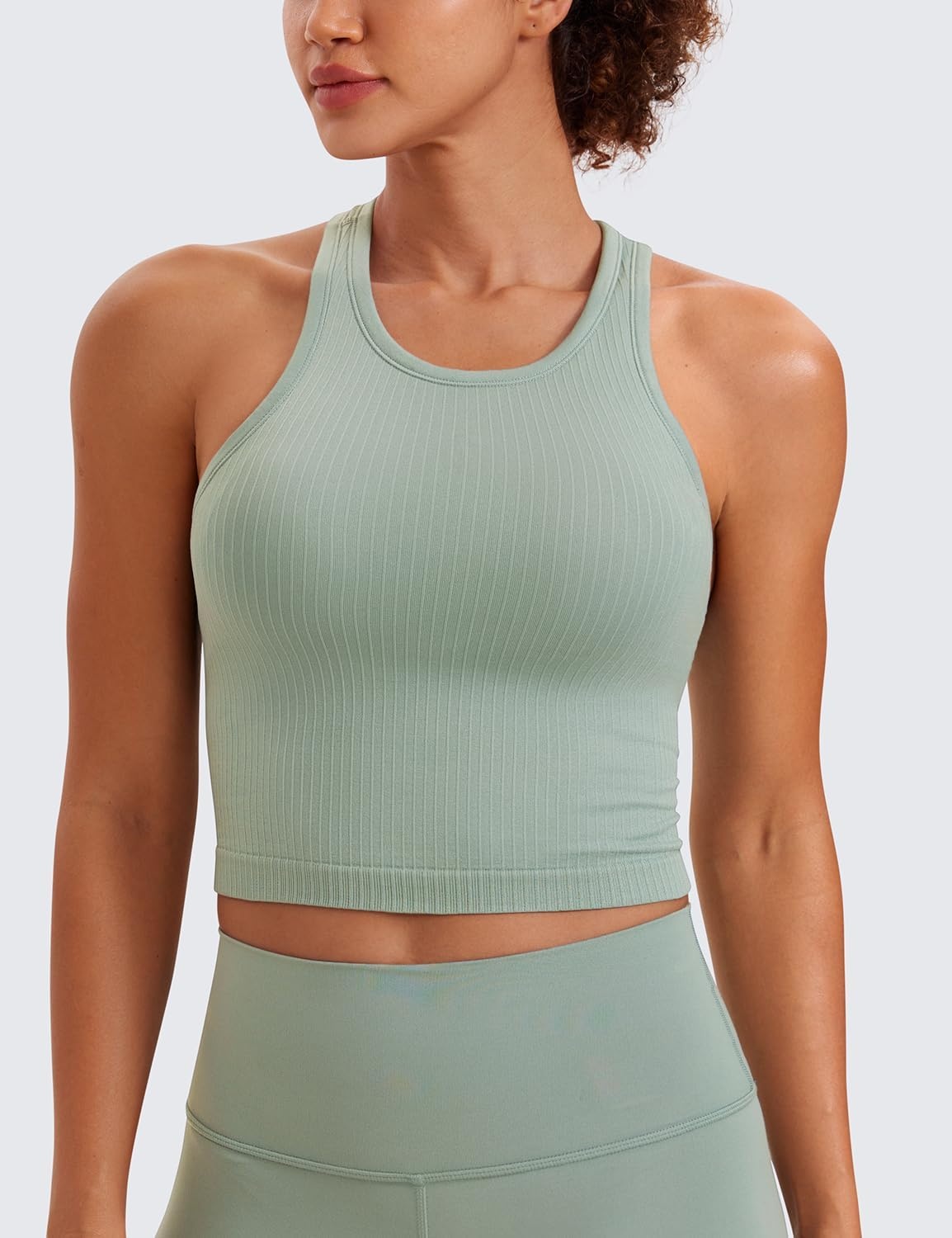 image:imageCRZ YOGA Seamless Ribbed High Neck Crop Tank Tops for Women Longline Racerback Padded Sports BrasGreen Palm Court