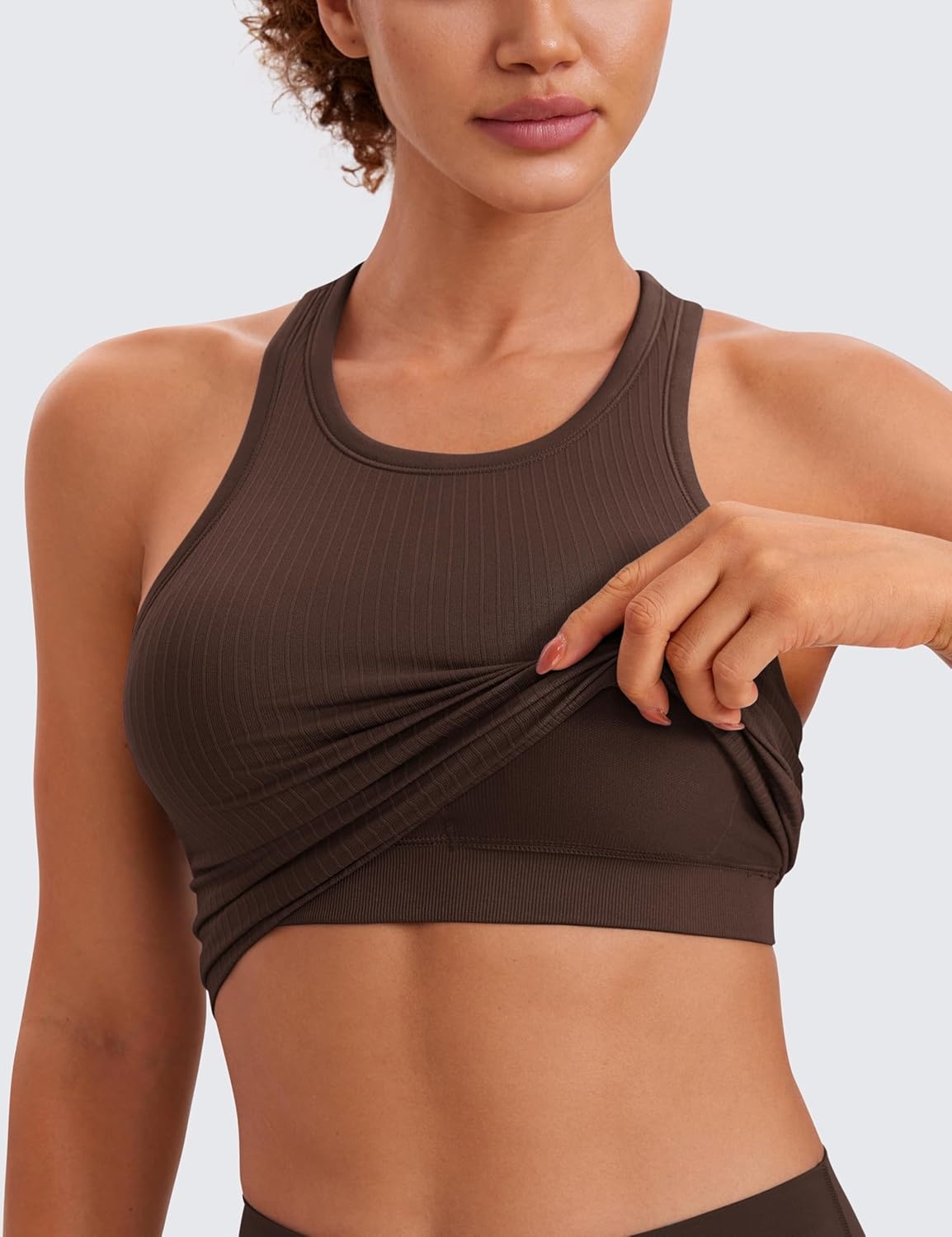 image:imageCRZ YOGA Seamless Ribbed High Neck Crop Tank Tops for Women Longline Racerback Padded Sports BrasHot Fudge Brown