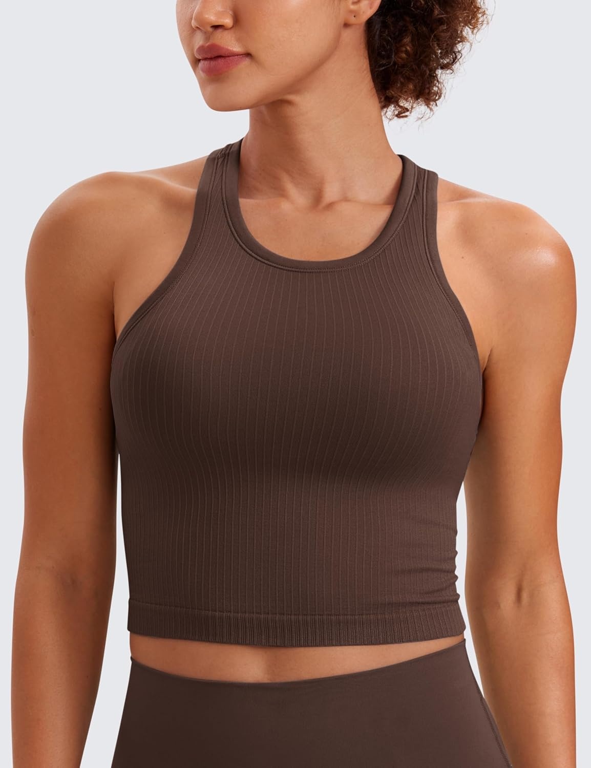 image:imageCRZ YOGA Seamless Ribbed High Neck Crop Tank Tops for Women Longline Racerback Padded Sports BrasHot Fudge Brown