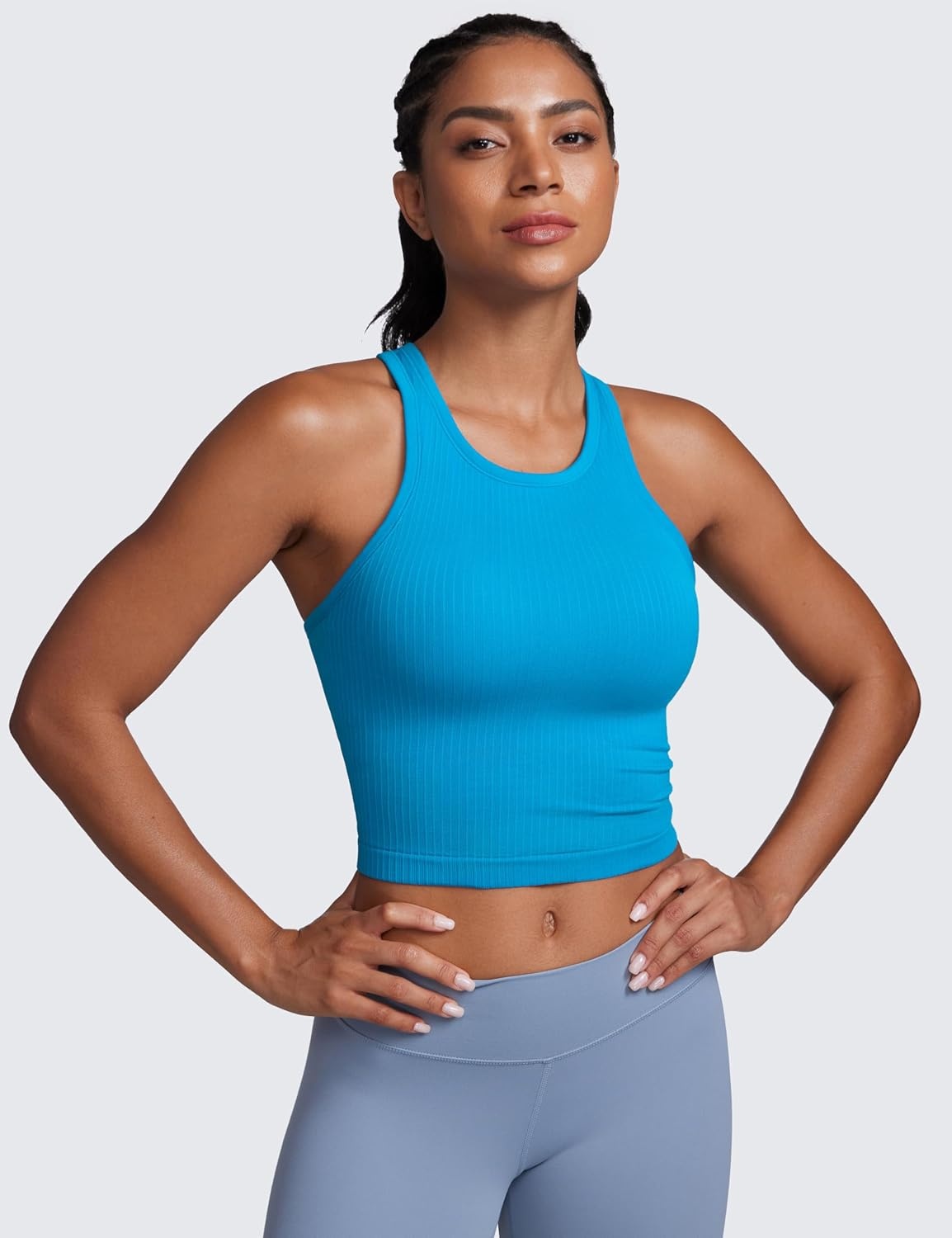 image:imageCRZ YOGA Seamless Ribbed High Neck Crop Tank Tops for Women Longline Racerback Padded Sports BrasMadagascar Blue