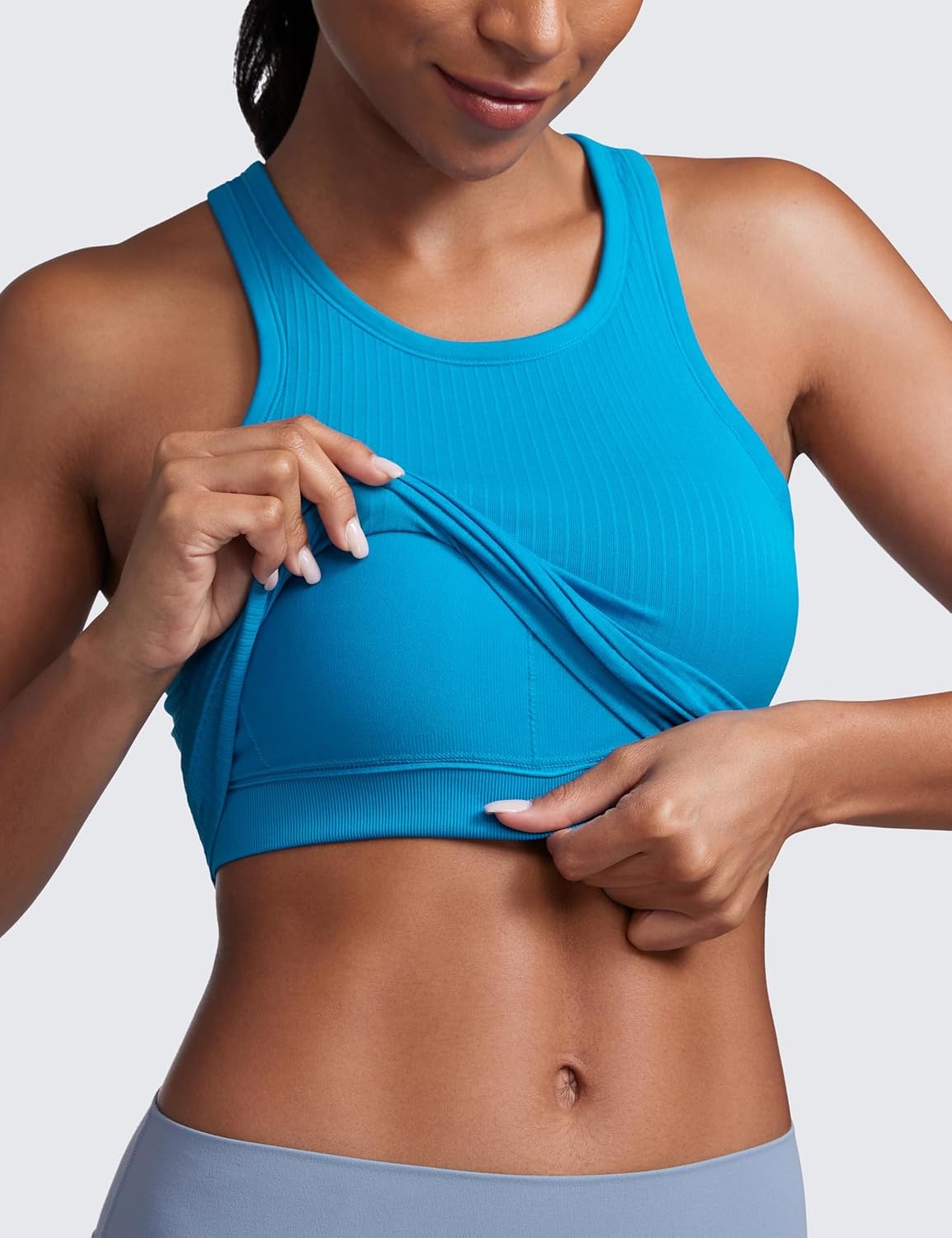 image:imageCRZ YOGA Seamless Ribbed High Neck Crop Tank Tops for Women Longline Racerback Padded Sports BrasMadagascar Blue