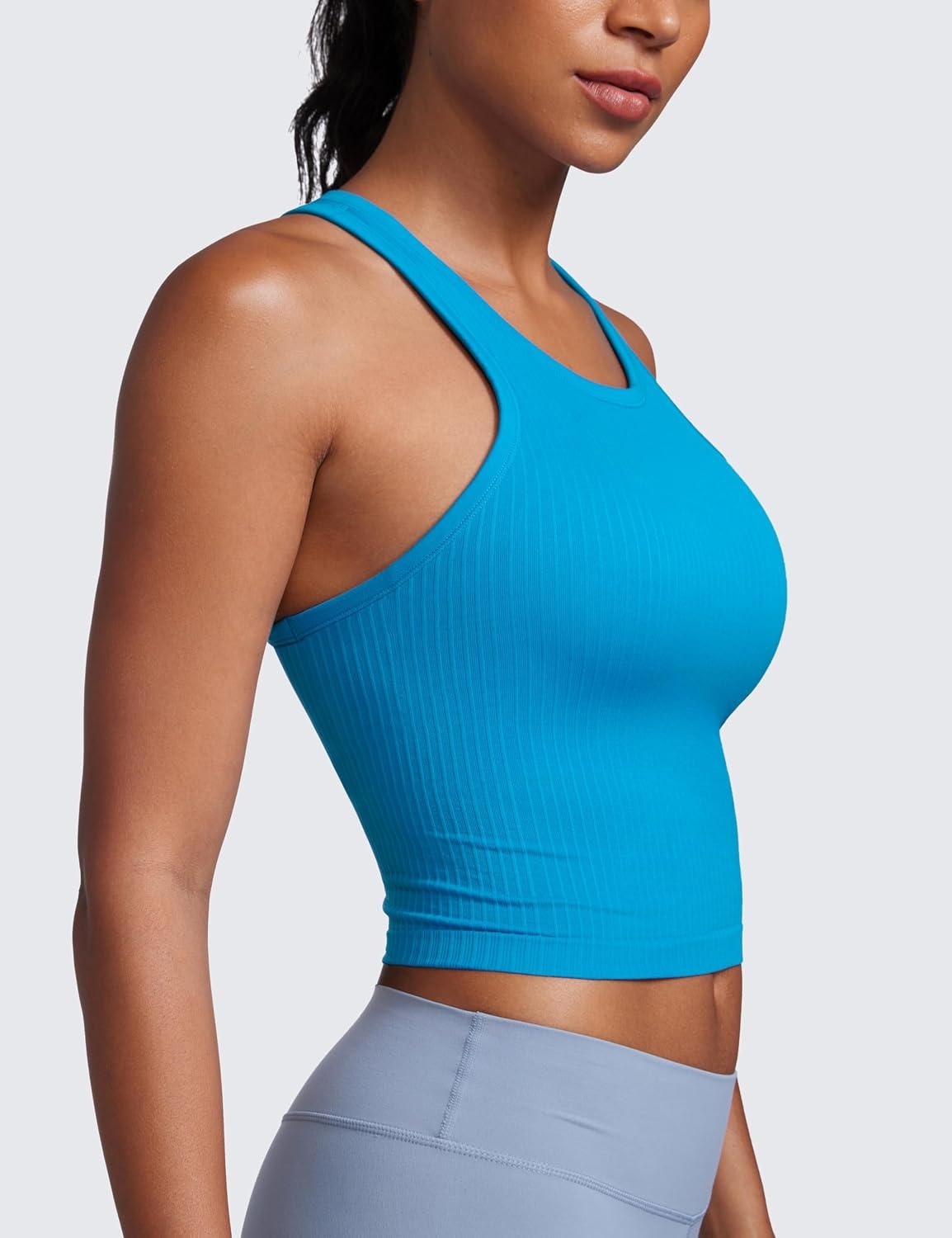 image:imageCRZ YOGA Seamless Ribbed High Neck Crop Tank Tops for Women Longline Racerback Padded Sports BrasMadagascar Blue