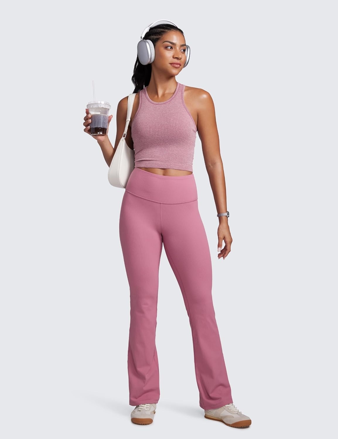 image:imageCRZ YOGA Seamless Ribbed High Neck Crop Tank Tops for Women Longline Racerback Padded Sports BrasMisty Merlot Heather