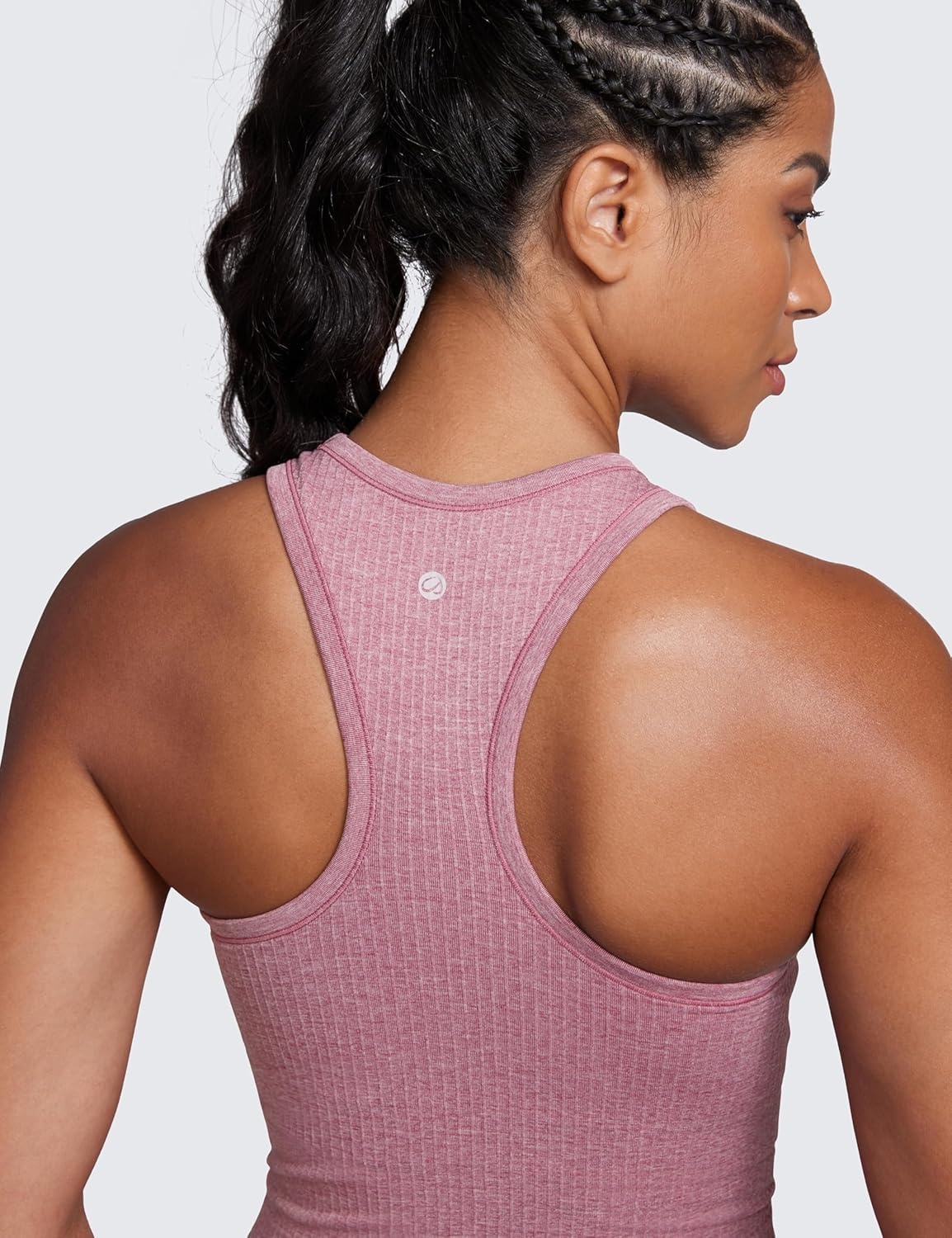 image:imageCRZ YOGA Seamless Ribbed High Neck Crop Tank Tops for Women Longline Racerback Padded Sports BrasMisty Merlot Heather