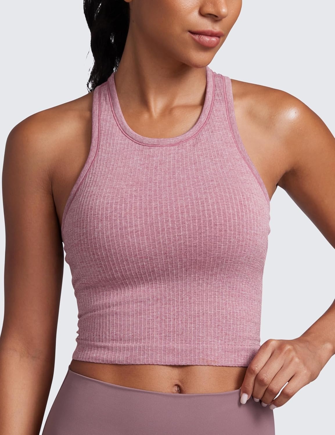 image:imageCRZ YOGA Seamless Ribbed High Neck Crop Tank Tops for Women Longline Racerback Padded Sports BrasMisty Merlot Heather
