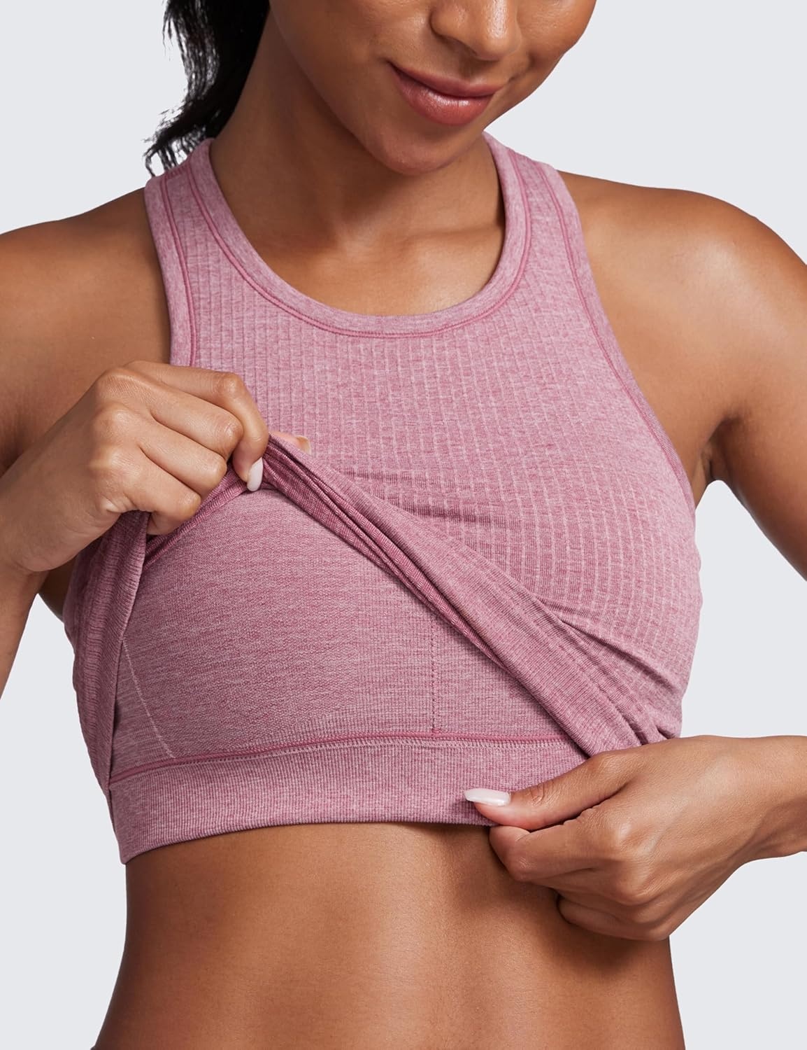 image:imageCRZ YOGA Seamless Ribbed High Neck Crop Tank Tops for Women Longline Racerback Padded Sports BrasMisty Merlot Heather