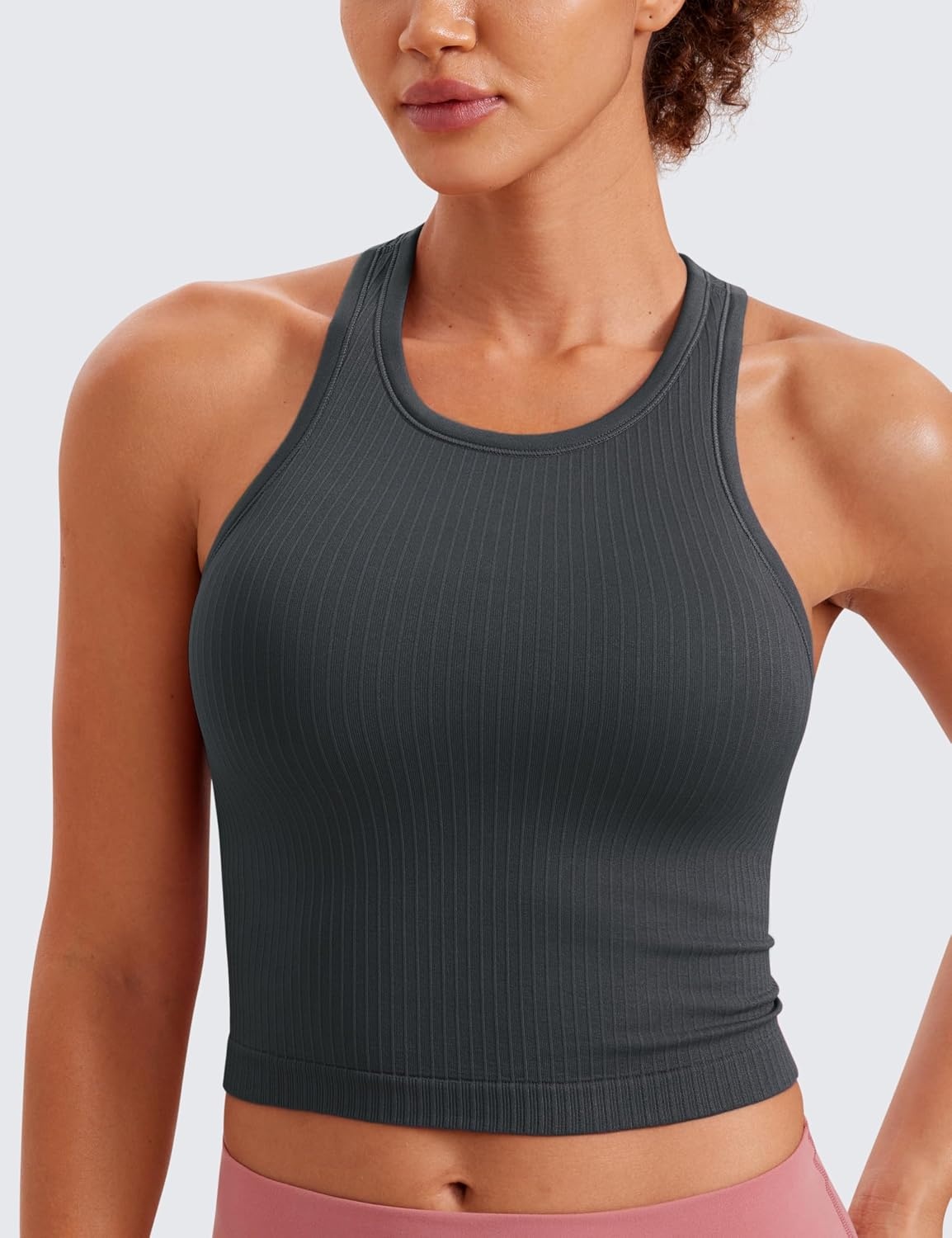 image:imageCRZ YOGA Seamless Ribbed High Neck Crop Tank Tops for Women Longline Racerback Padded Sports BrasMysterious Grey