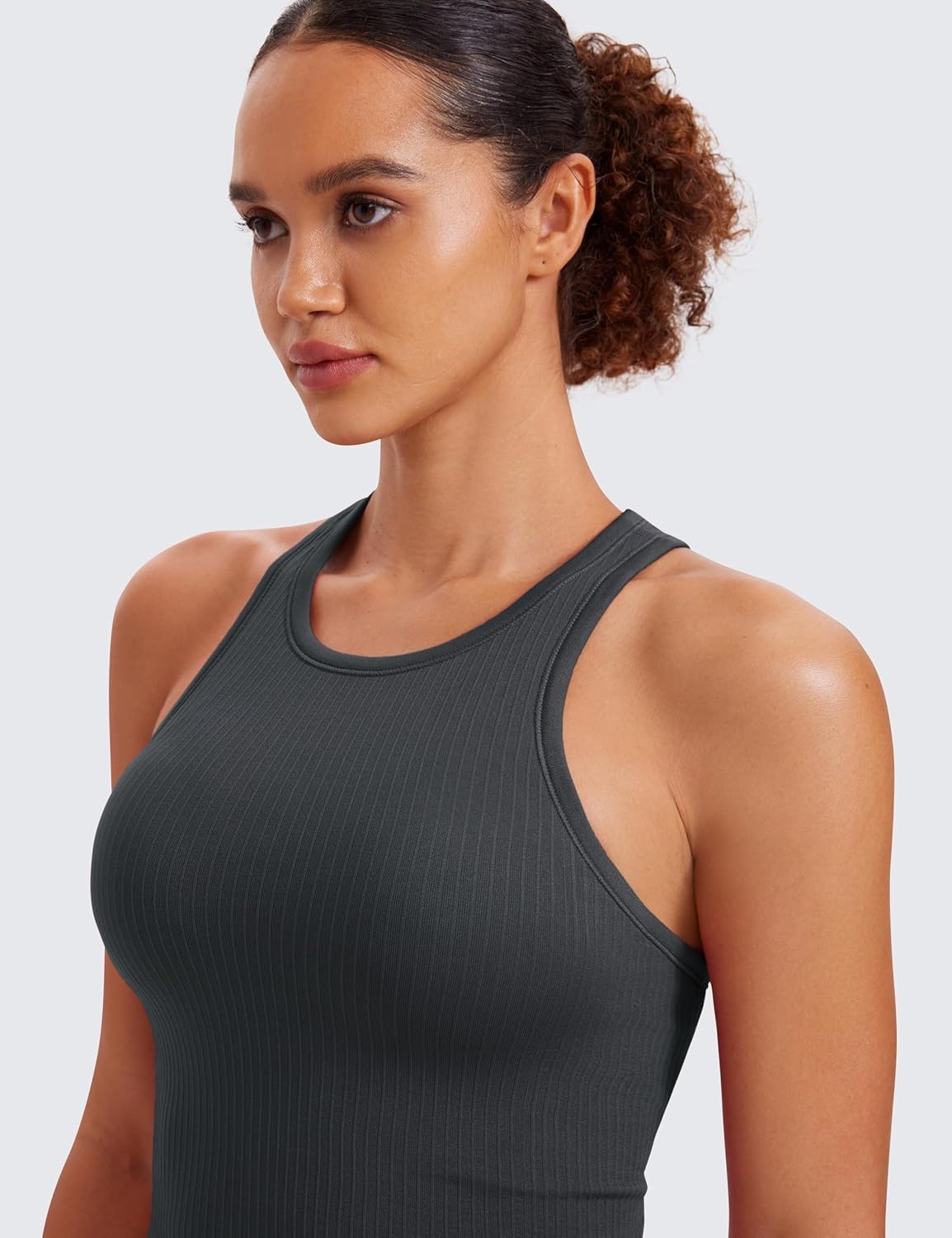 image:imageCRZ YOGA Seamless Ribbed High Neck Crop Tank Tops for Women Longline Racerback Padded Sports BrasMysterious Grey