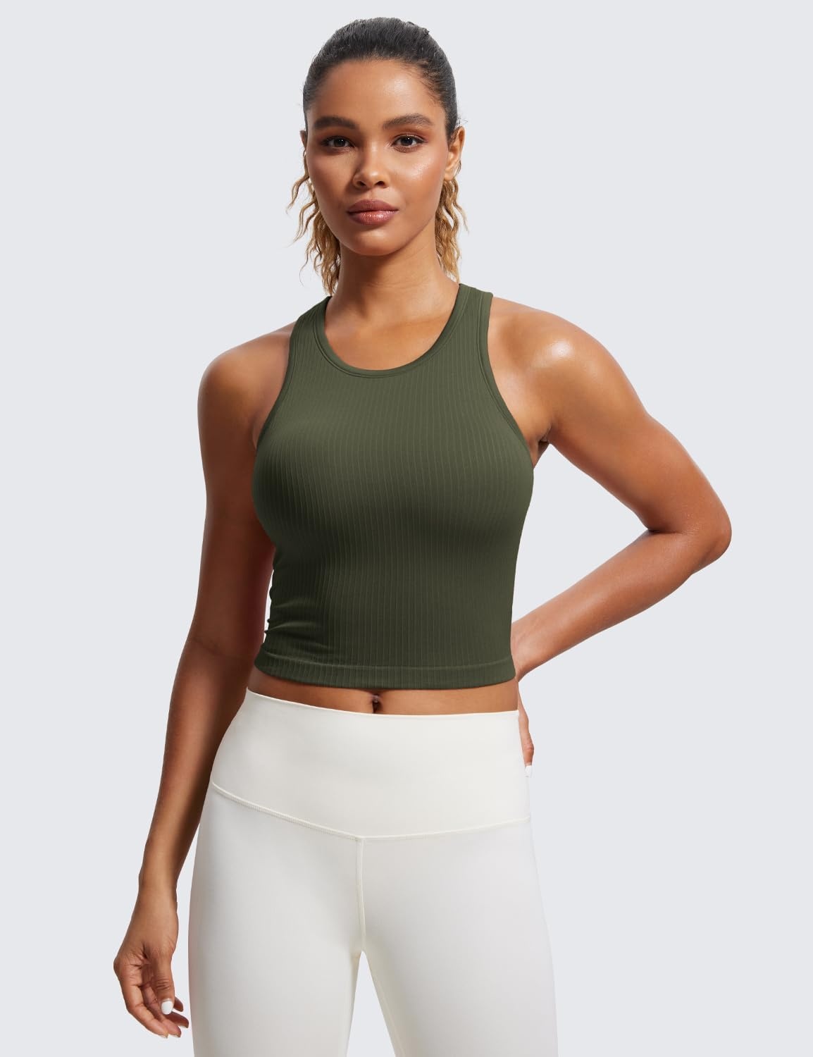 image:imageCRZ YOGA Seamless Ribbed High Neck Crop Tank Tops for Women Longline Racerback Padded Sports BrasOlive Green