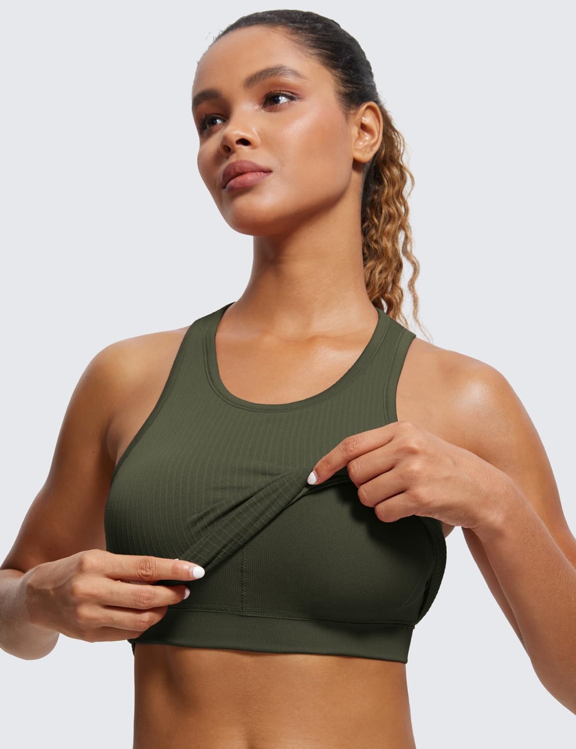 image:imageCRZ YOGA Seamless Ribbed High Neck Crop Tank Tops for Women Longline Racerback Padded Sports BrasOlive Green