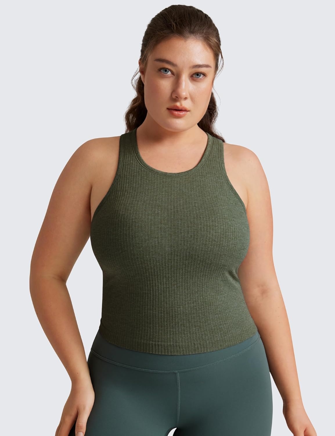 image:imageCRZ YOGA Seamless Ribbed High Neck Crop Tank Tops for Women Longline Racerback Padded Sports BrasOlive Green