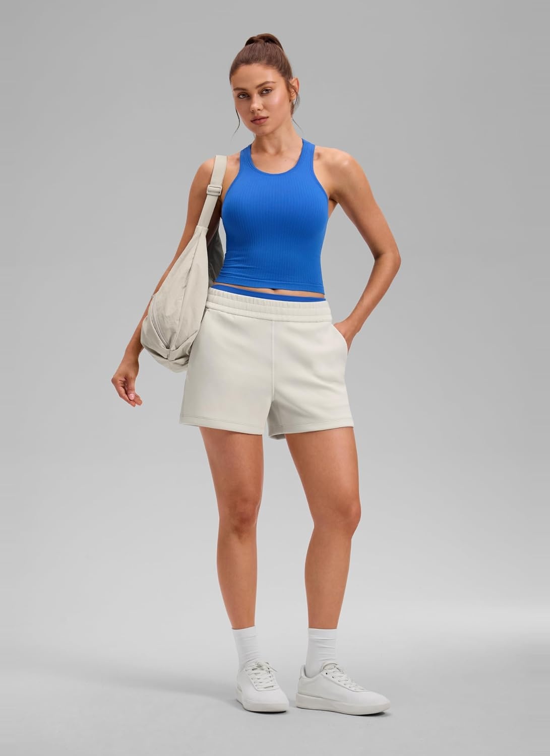 image:imageCRZ YOGA Seamless Ribbed High Neck Crop Tank Tops for Women Longline Racerback Padded Sports BrasSparkle Blue