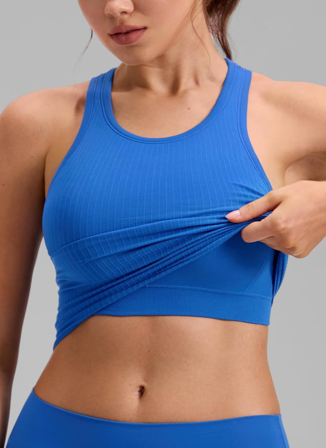 image:imageCRZ YOGA Seamless Ribbed High Neck Crop Tank Tops for Women Longline Racerback Padded Sports BrasSparkle Blue