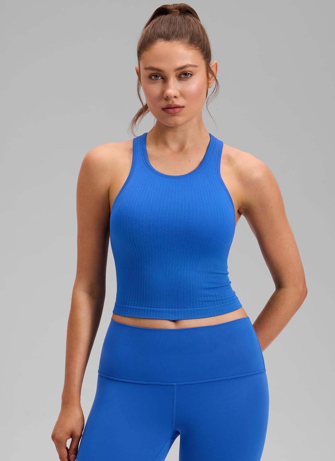 image:imageCRZ YOGA Seamless Ribbed High Neck Crop Tank Tops for Women Longline Racerback Padded Sports BrasSparkle Blue