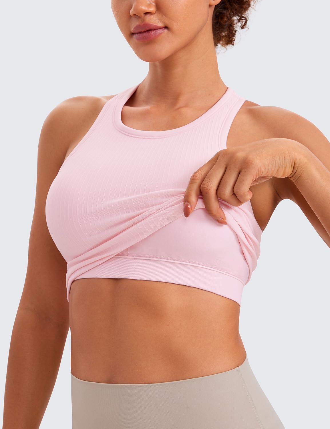 image:imageCRZ YOGA Seamless Ribbed High Neck Crop Tank Tops for Women Longline Racerback Padded Sports BrasStrawberry Pink
