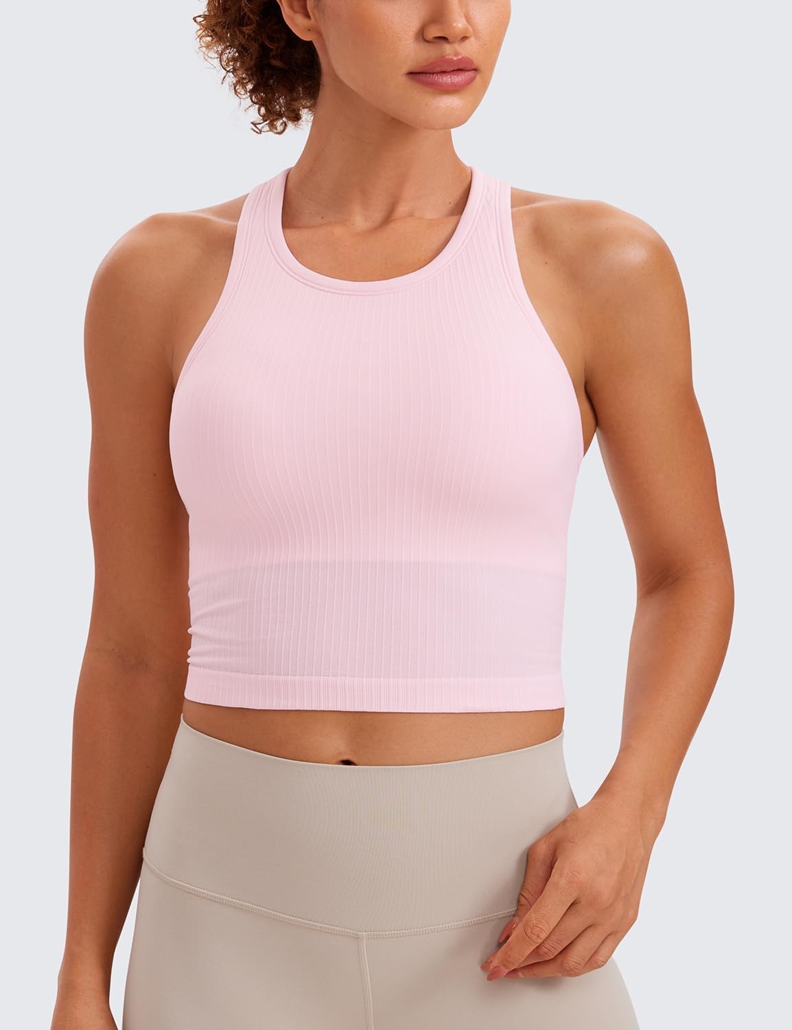 image:imageCRZ YOGA Seamless Ribbed High Neck Crop Tank Tops for Women Longline Racerback Padded Sports BrasStrawberry Pink