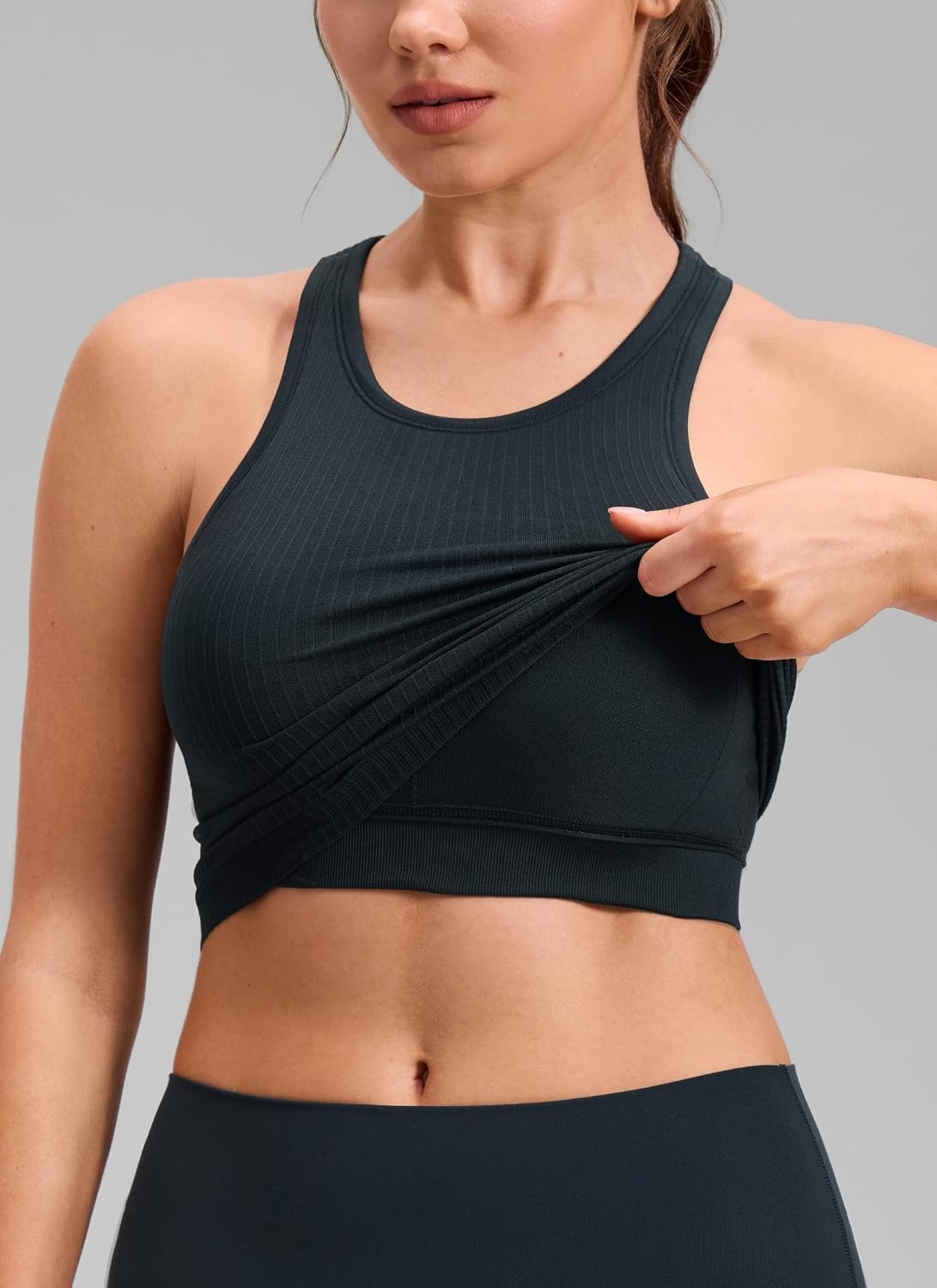 image:imageCRZ YOGA Seamless Ribbed High Neck Crop Tank Tops for Women Longline Racerback Padded Sports BrasTrue Navy
