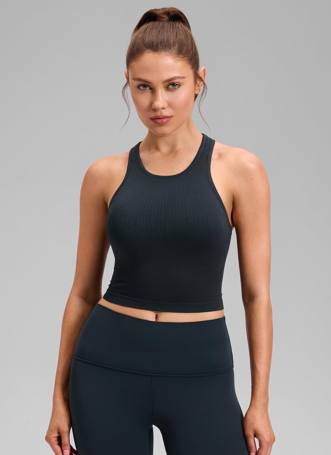 image:imageCRZ YOGA Seamless Ribbed High Neck Crop Tank Tops for Women Longline Racerback Padded Sports BrasTrue Navy