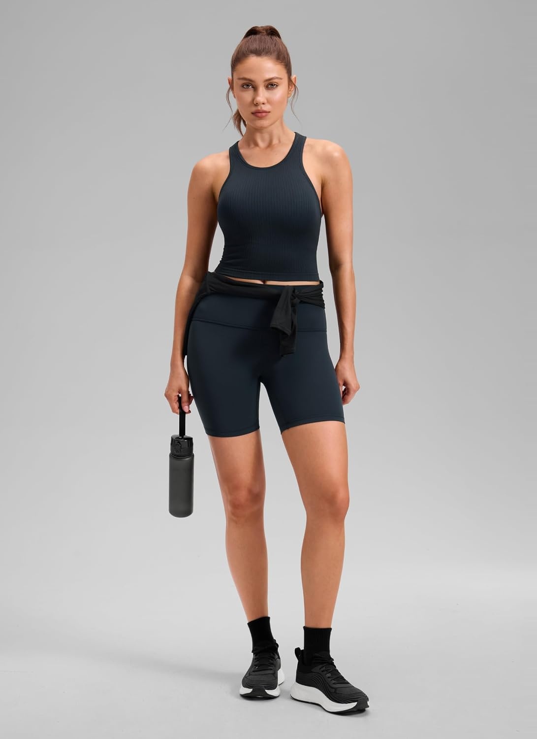 image:imageCRZ YOGA Seamless Ribbed High Neck Crop Tank Tops for Women Longline Racerback Padded Sports BrasTrue Navy