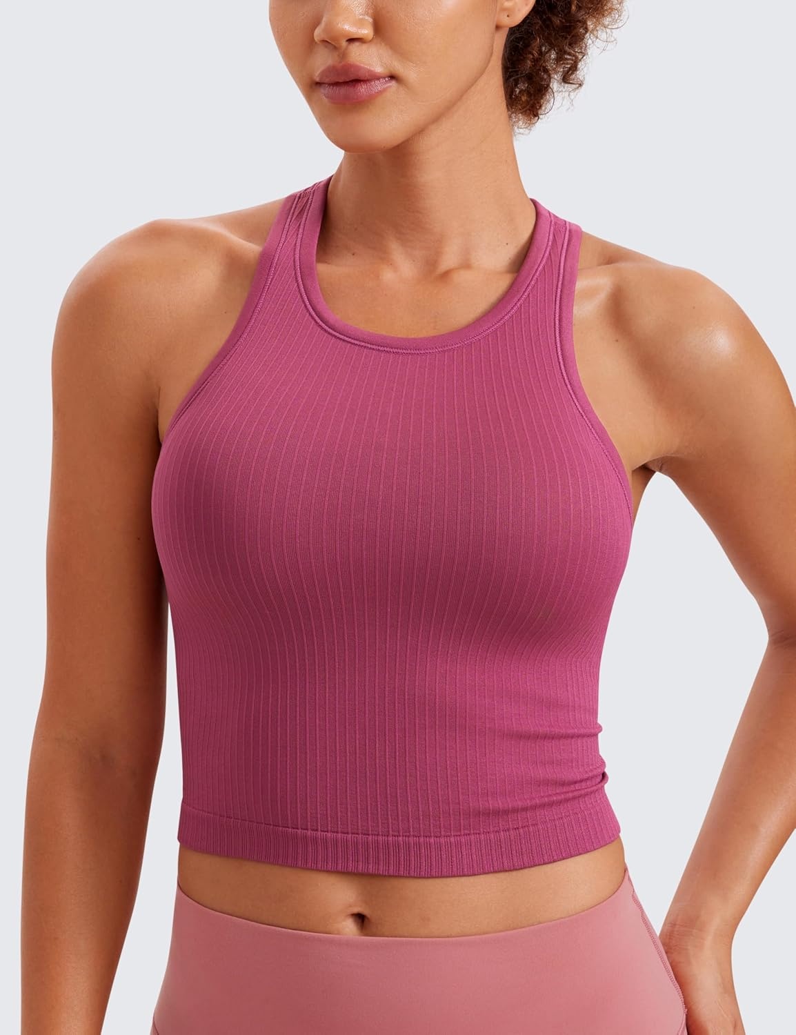 image:imageCRZ YOGA Seamless Ribbed High Neck Crop Tank Tops for Women Longline Racerback Padded Sports BrasWashed Mauve