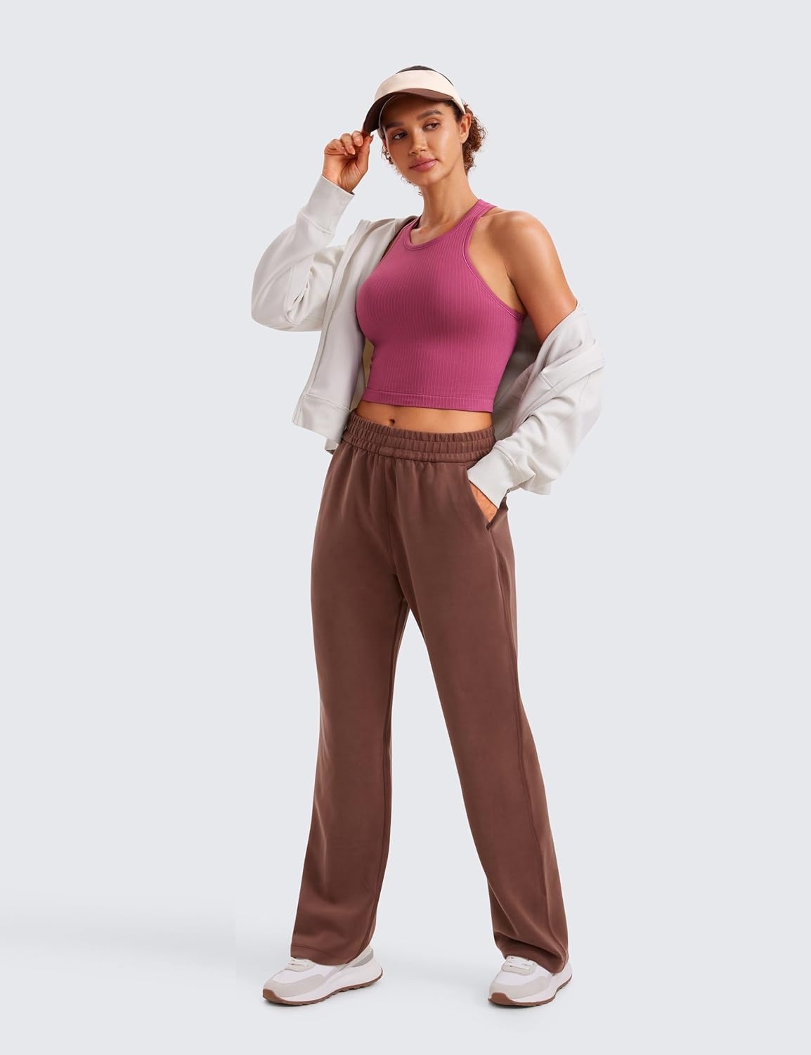 image:imageCRZ YOGA Seamless Ribbed High Neck Crop Tank Tops for Women Longline Racerback Padded Sports BrasWashed Mauve