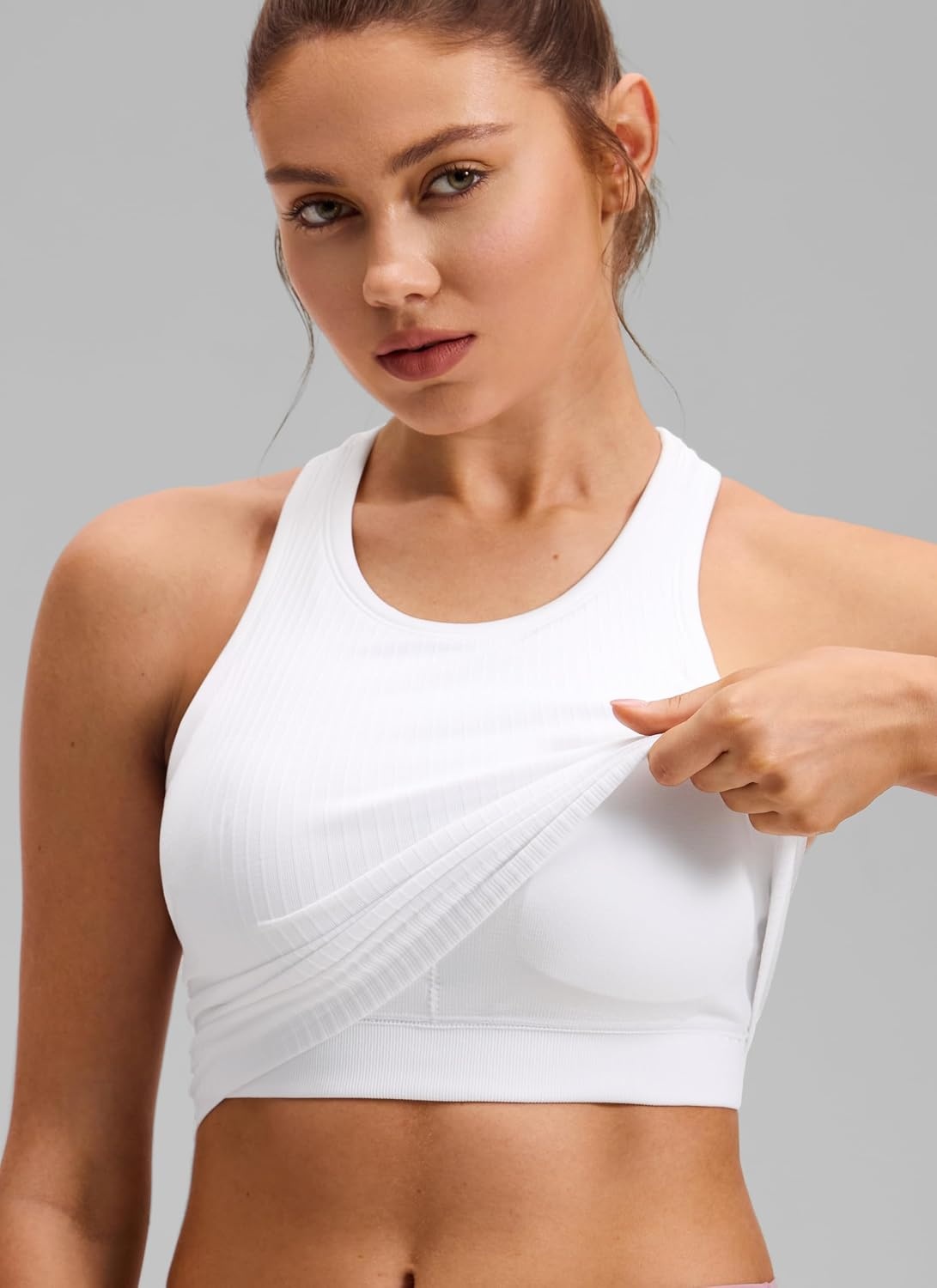 image:imageCRZ YOGA Seamless Ribbed High Neck Crop Tank Tops for Women Longline Racerback Padded Sports BrasWhite