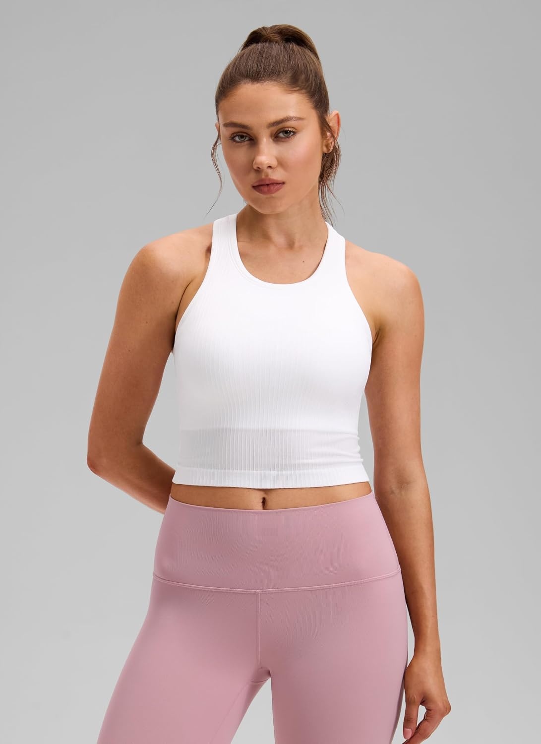 image:imageCRZ YOGA Seamless Ribbed High Neck Crop Tank Tops for Women Longline Racerback Padded Sports BrasWhite