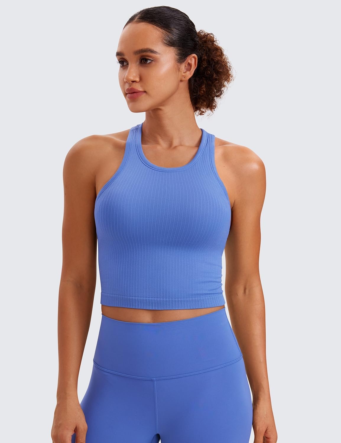 image:imageCRZ YOGA Seamless Ribbed High Neck Crop Tank Tops for Women Longline Racerback Padded Sports BrasWild Indigo