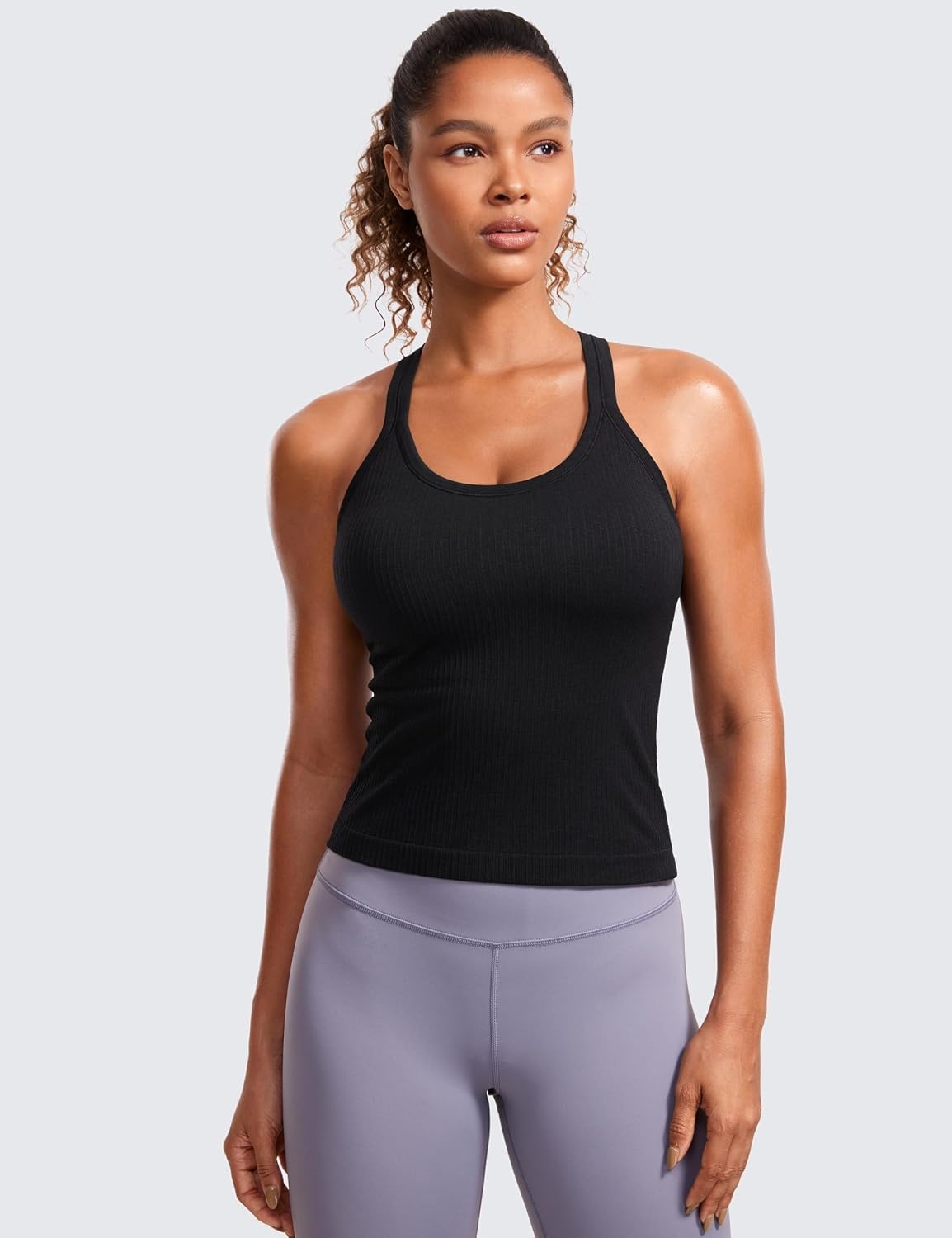 image:imageCRZ YOGA Seamless Ribbed Scoop Neck Tank Top for Women Workout Racerback Padded Athletic Camisole with Built in BraBlack