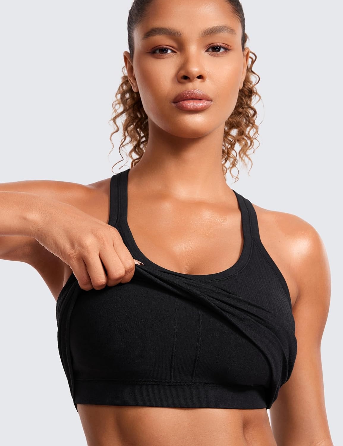 image:imageCRZ YOGA Seamless Ribbed Scoop Neck Tank Top for Women Workout Racerback Padded Athletic Camisole with Built in BraBlack