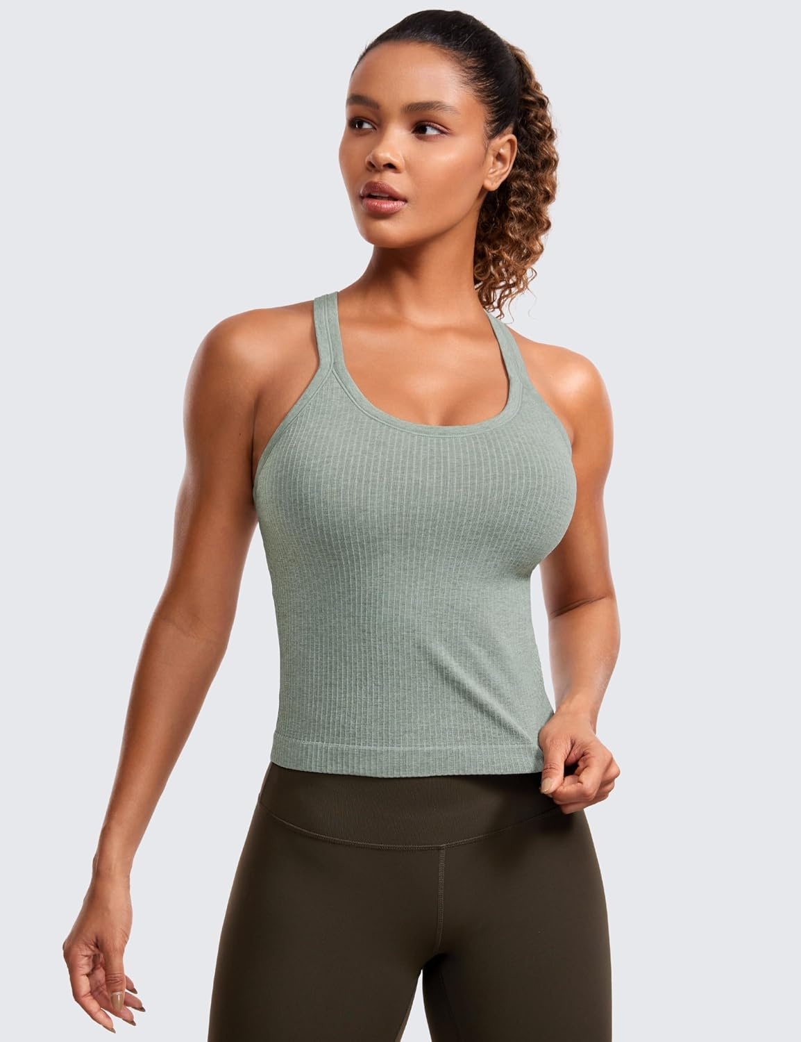image:imageCRZ YOGA Seamless Ribbed Scoop Neck Tank Top for Women Workout Racerback Padded Athletic Camisole with Built in BraDark Green