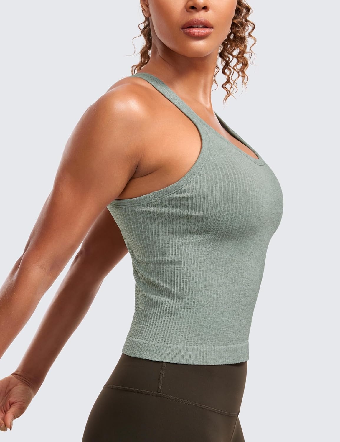 image:imageCRZ YOGA Seamless Ribbed Scoop Neck Tank Top for Women Workout Racerback Padded Athletic Camisole with Built in BraDark Green