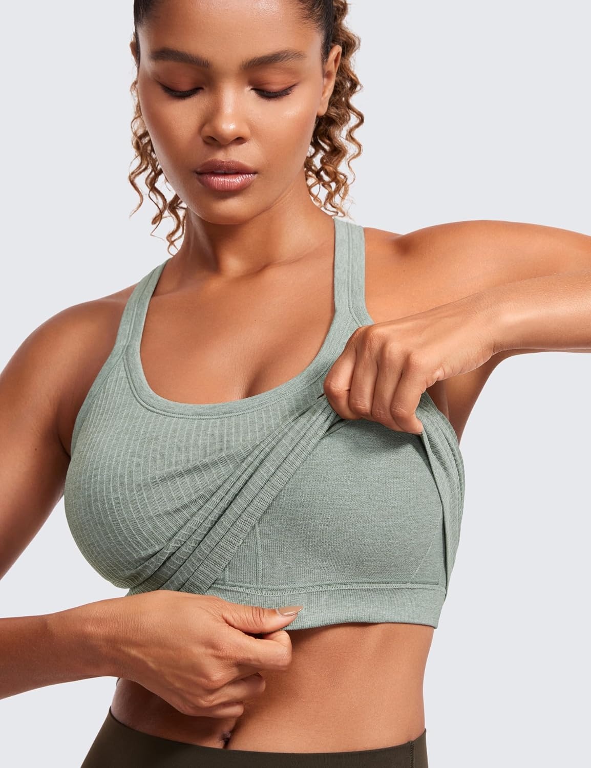 image:imageCRZ YOGA Seamless Ribbed Scoop Neck Tank Top for Women Workout Racerback Padded Athletic Camisole with Built in BraDark Green