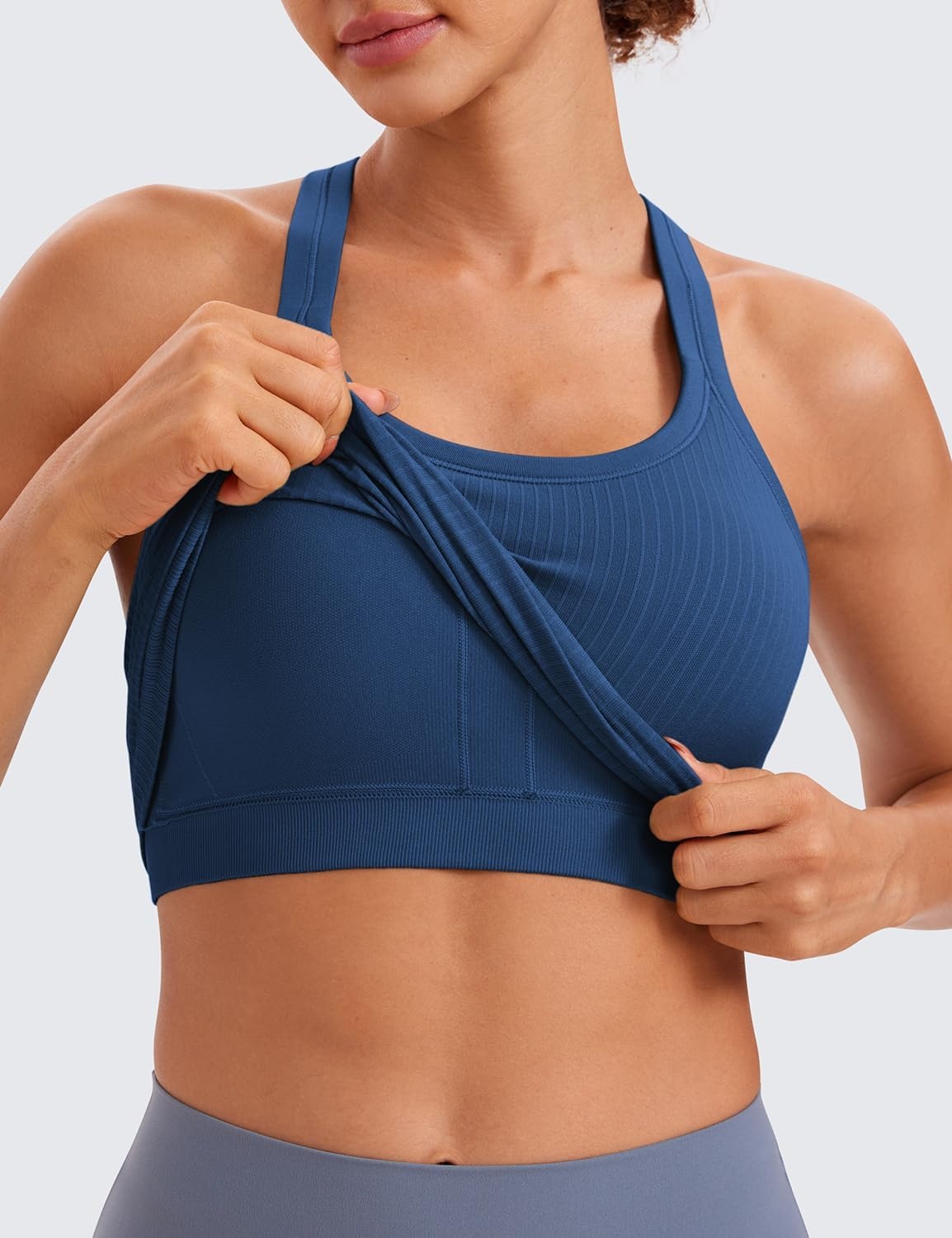 image:imageCRZ YOGA Seamless Ribbed Scoop Neck Tank Top for Women Workout Racerback Padded Athletic Camisole with Built in BraFrench Navy