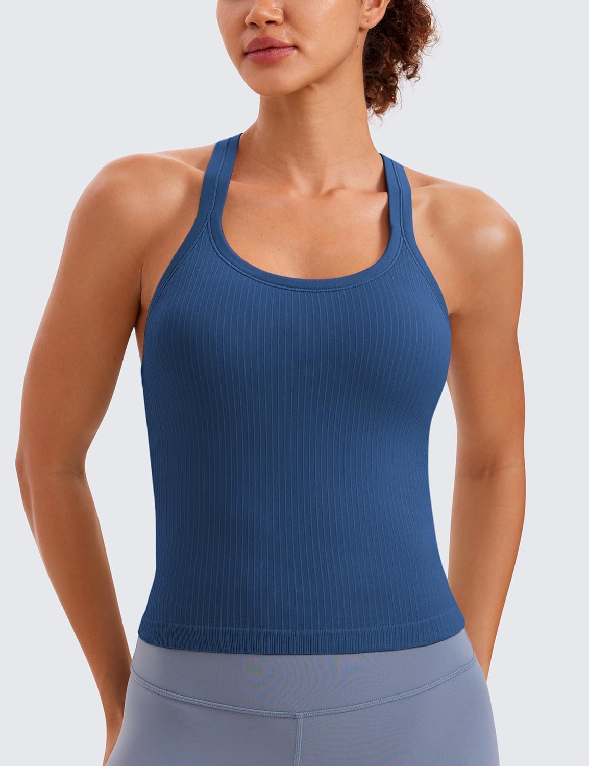 image:imageCRZ YOGA Seamless Ribbed Scoop Neck Tank Top for Women Workout Racerback Padded Athletic Camisole with Built in BraFrench Navy
